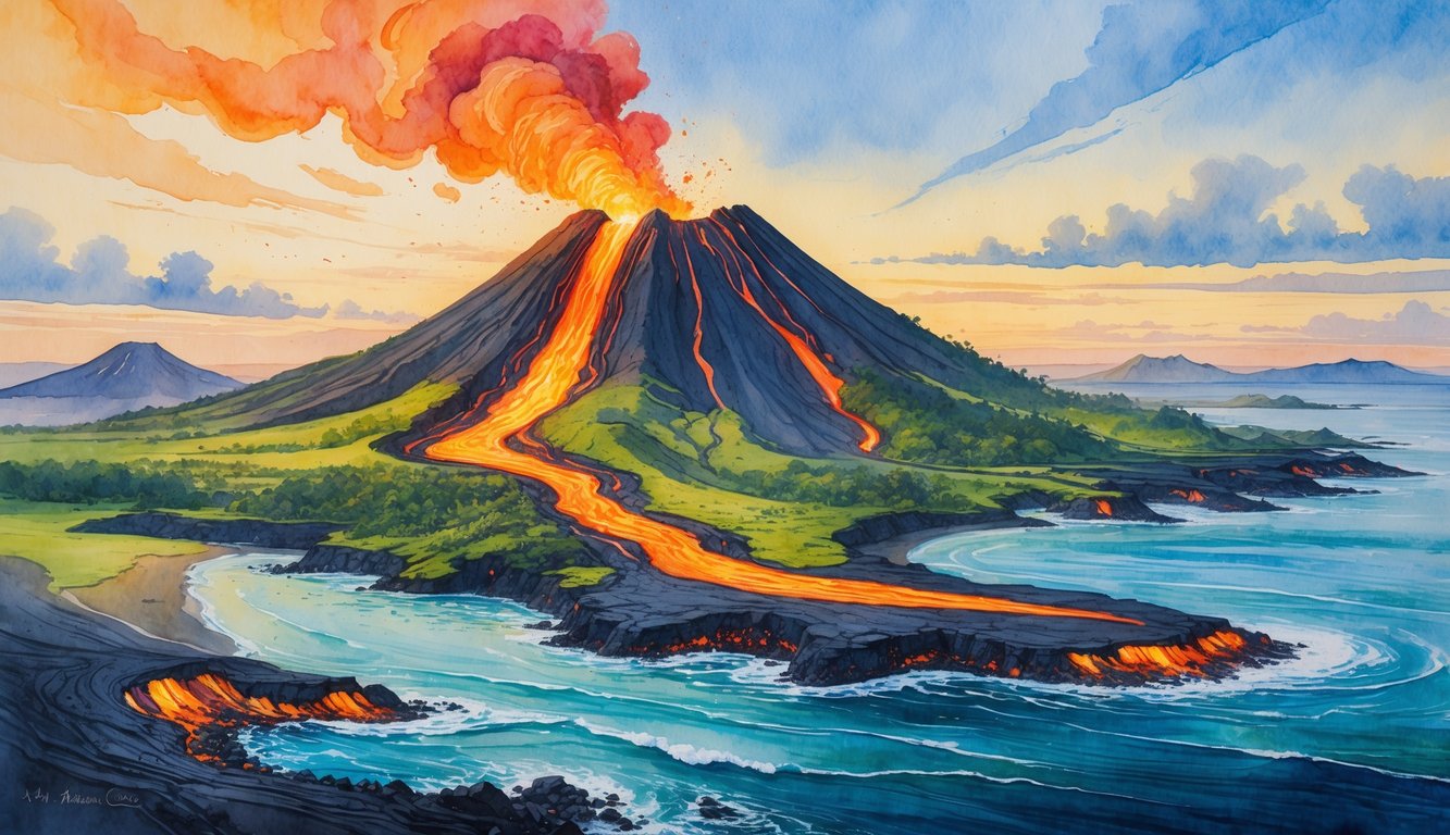 A volcanic island with flowing lava, volcanic cones, craters, lush vegetation, and surrounding ocean under a colorful sky.