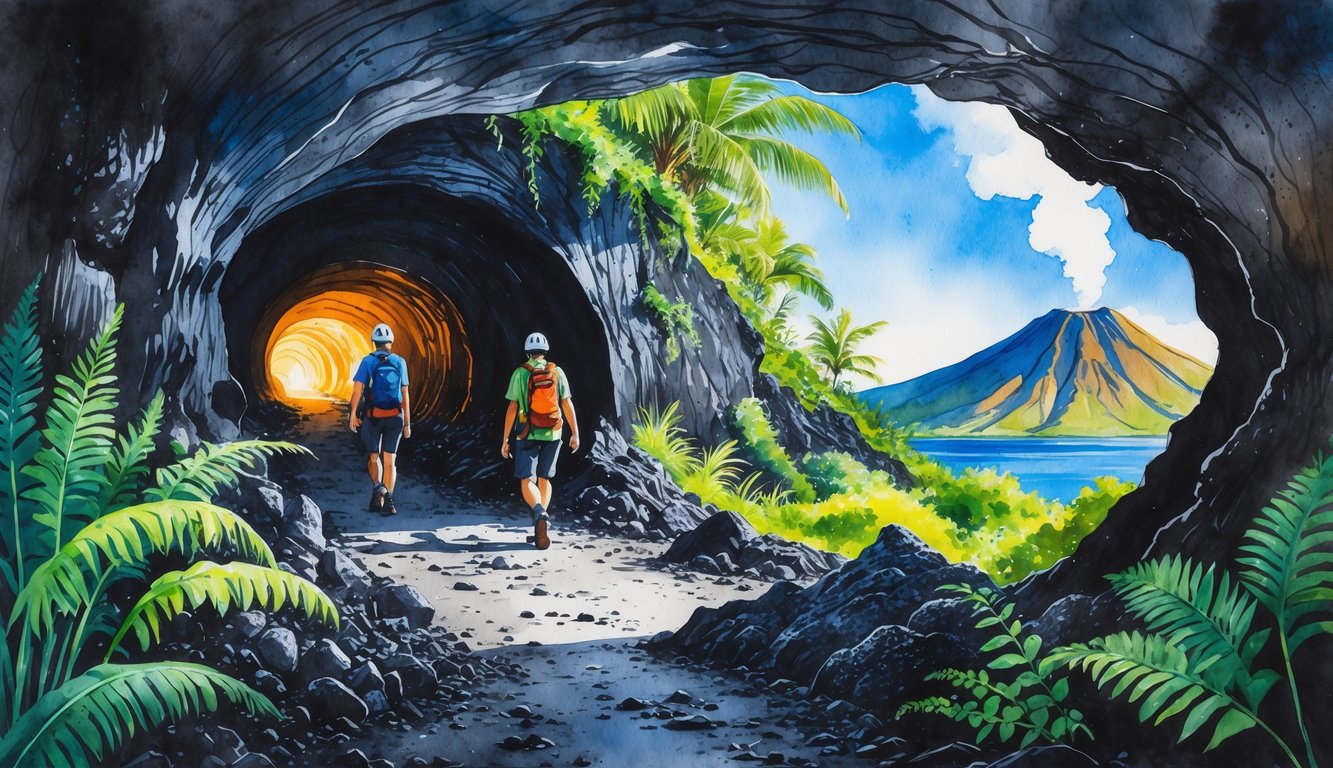 Two people exploring a volcanic cave in Hawaii with tropical plants near the entrance and a volcanic mountain visible in the distance.