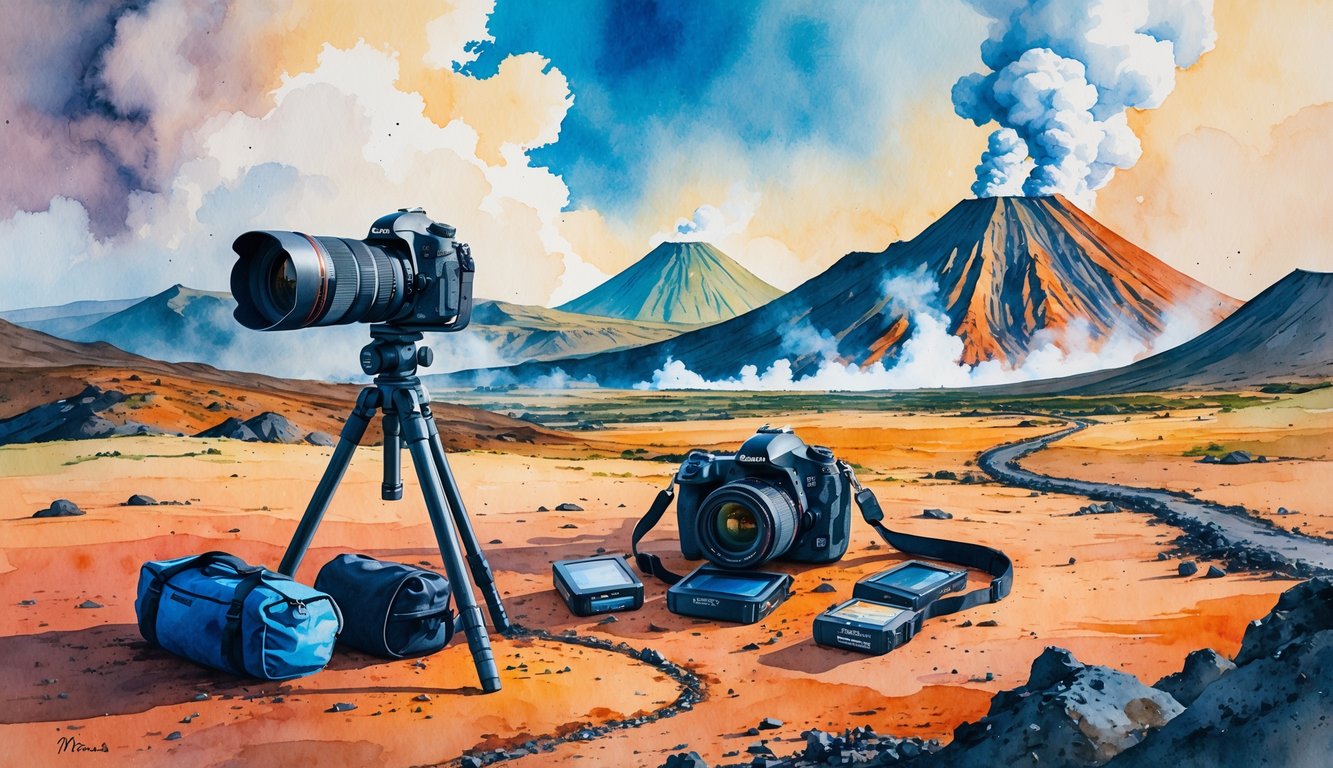A rocky volcanic landscape with photography equipment set up and volcanoes emitting smoke in the background.