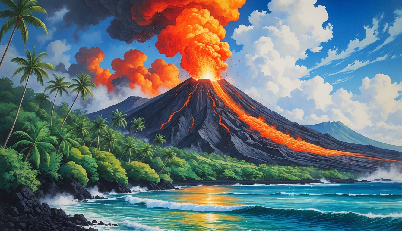 A volcanic eruption in Hawaii with lava flowing down the mountain, surrounded by green forests and a calm ocean coastline.