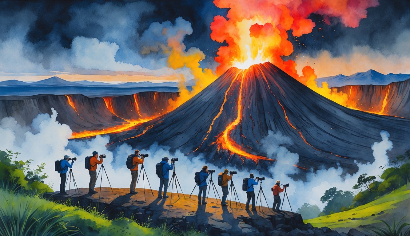 Photographers safely observing and photographing an erupting volcano with glowing lava flows and smoke under a dramatic sky.