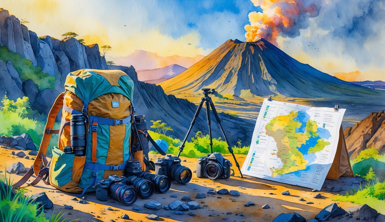 A person’s backpack and camera gear laid out on rocky ground near a volcano with smoke rising from its crater under a colorful sunrise sky.