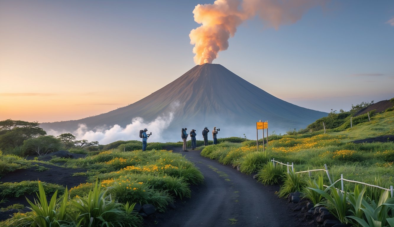 A volcano with smoke rising, surrounded by green plants and wildflowers, with photographers on a path observing the scene peacefully.