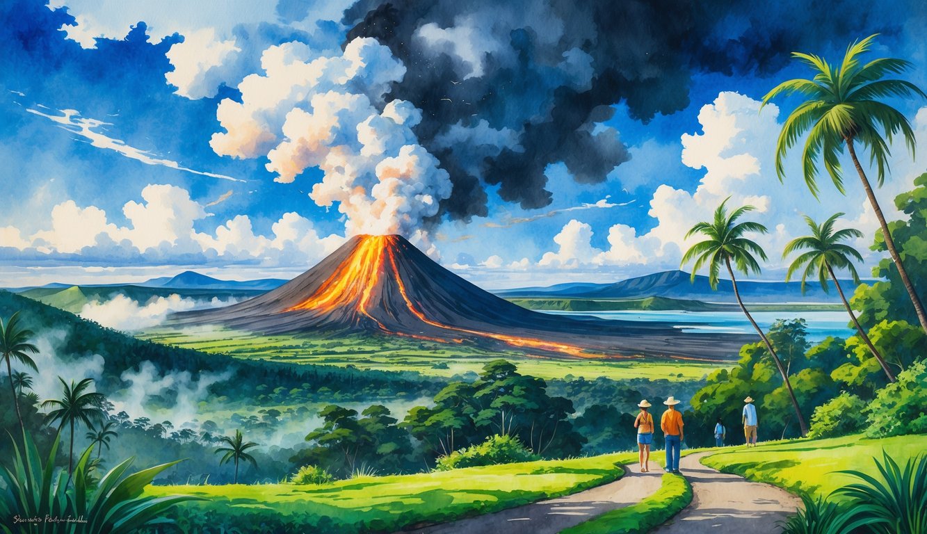 A volcanic landscape with a smoking volcano, lush tropical forests, changing weather from sunny to rainy skies, visitors walking along a path, distant mountains, and ocean horizon.