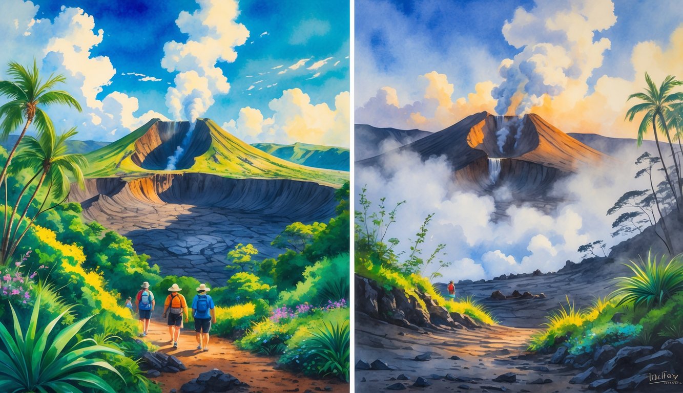 A side-by-side view of Hawaii Volcanoes National Park showing a busy, sunny day with hikers and lush greenery on one side, and a quiet, misty volcanic landscape with few visitors on the other.