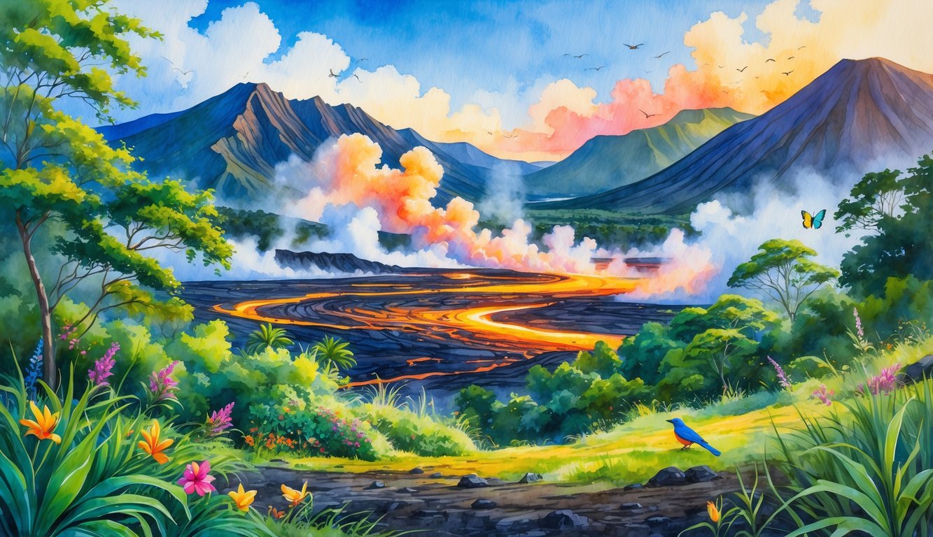 A tropical landscape with volcanic mountains, green plants, blooming flowers, and glowing lava flows under a blue sky.