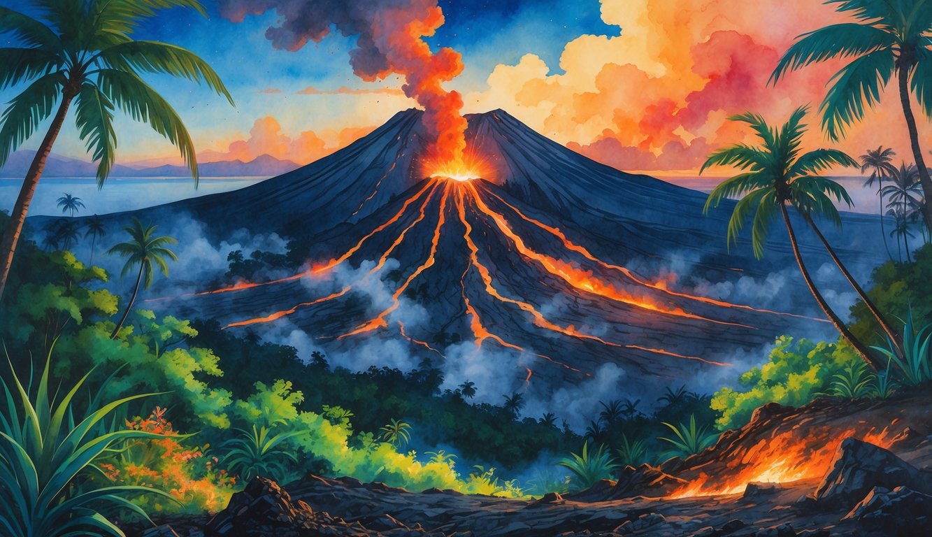 A Hawaiian volcano with glowing lava flows surrounded by tropical forests and palm trees under a colorful sky at dusk.