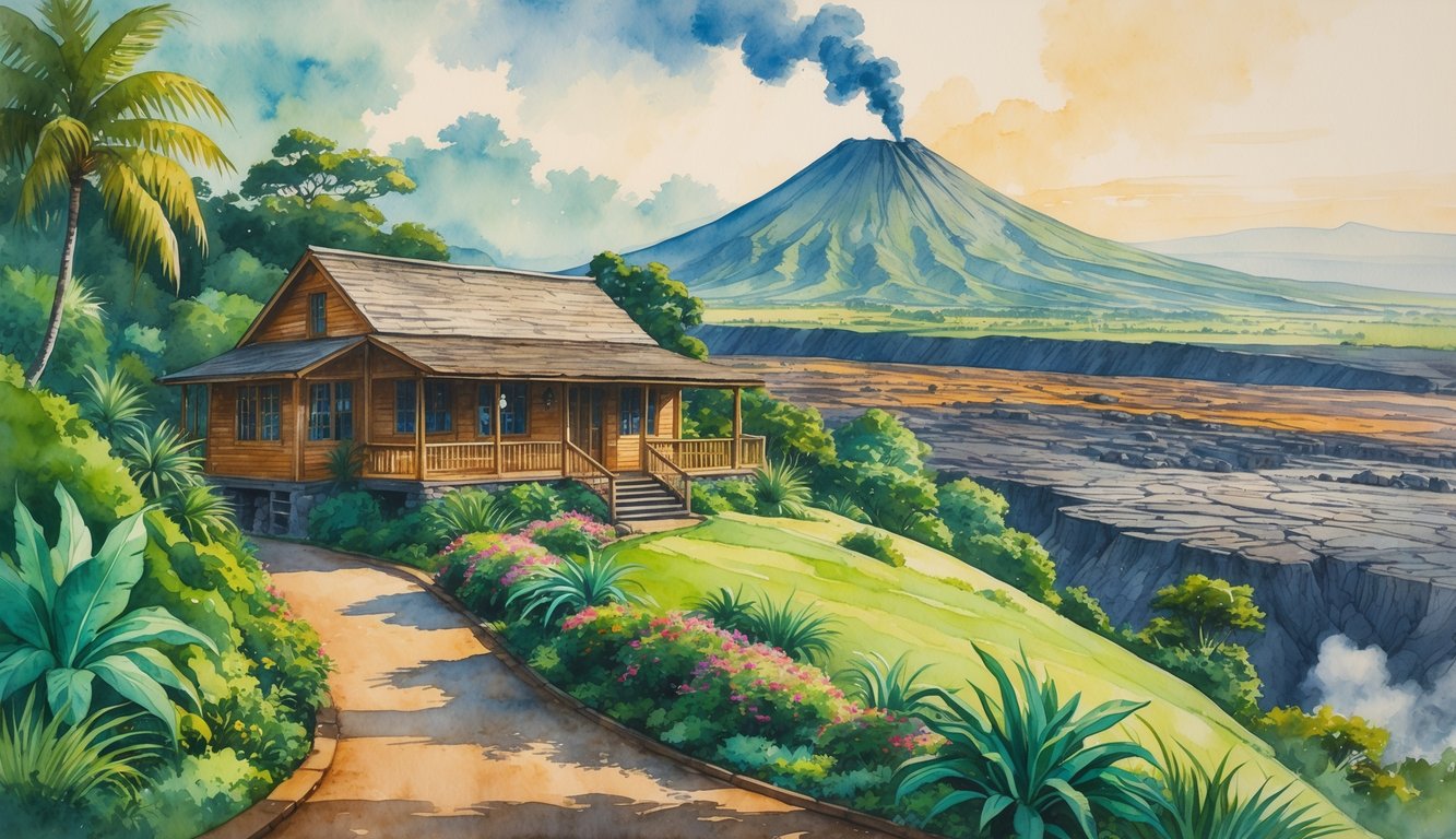 A historic house on a green hillside overlooking a volcano with smoke rising, surrounded by tropical plants and a winding path leading to the building.