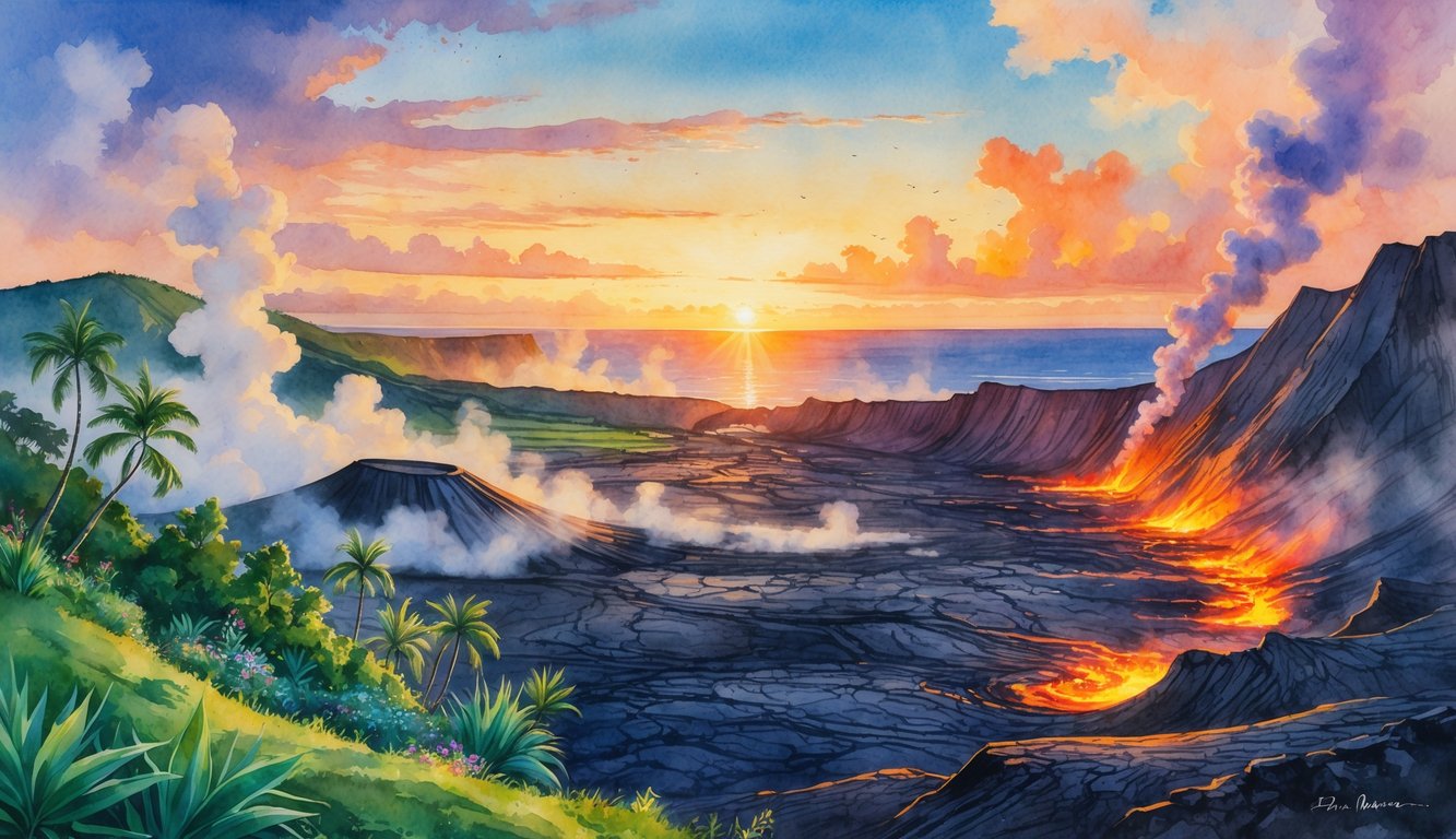 A volcanic landscape showing sunrise, midday, and sunset scenes with glowing lava, tropical plants, and steam vents in Hawaii Volcanoes National Park.