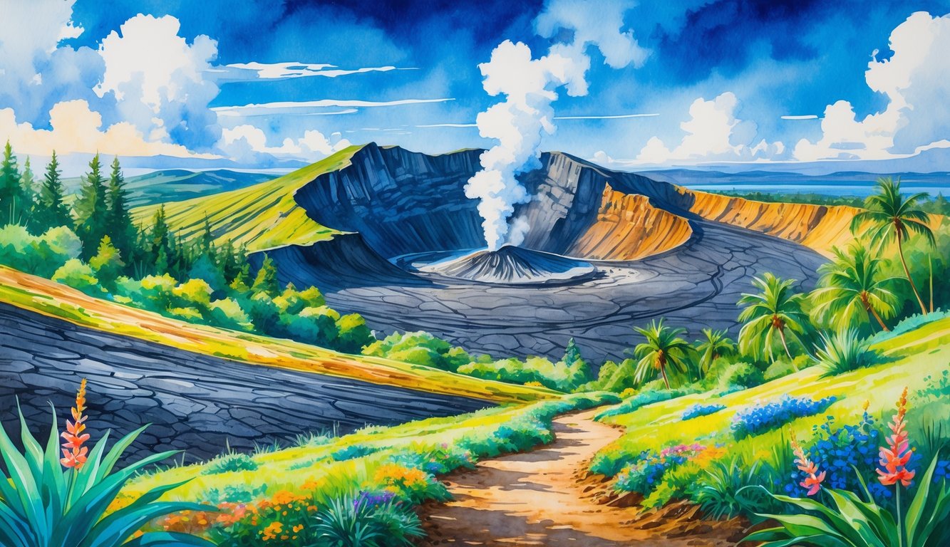 A scenic view of a volcanic crater with smoke rising, surrounded by tropical plants and a hiking trail under a blue sky.
