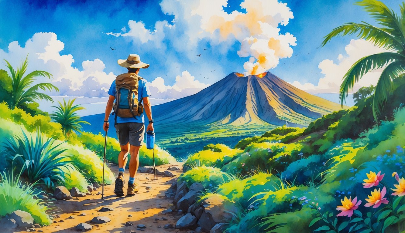 A hiker walking on a rocky trail surrounded by tropical plants toward a steaming volcano under a blue sky.