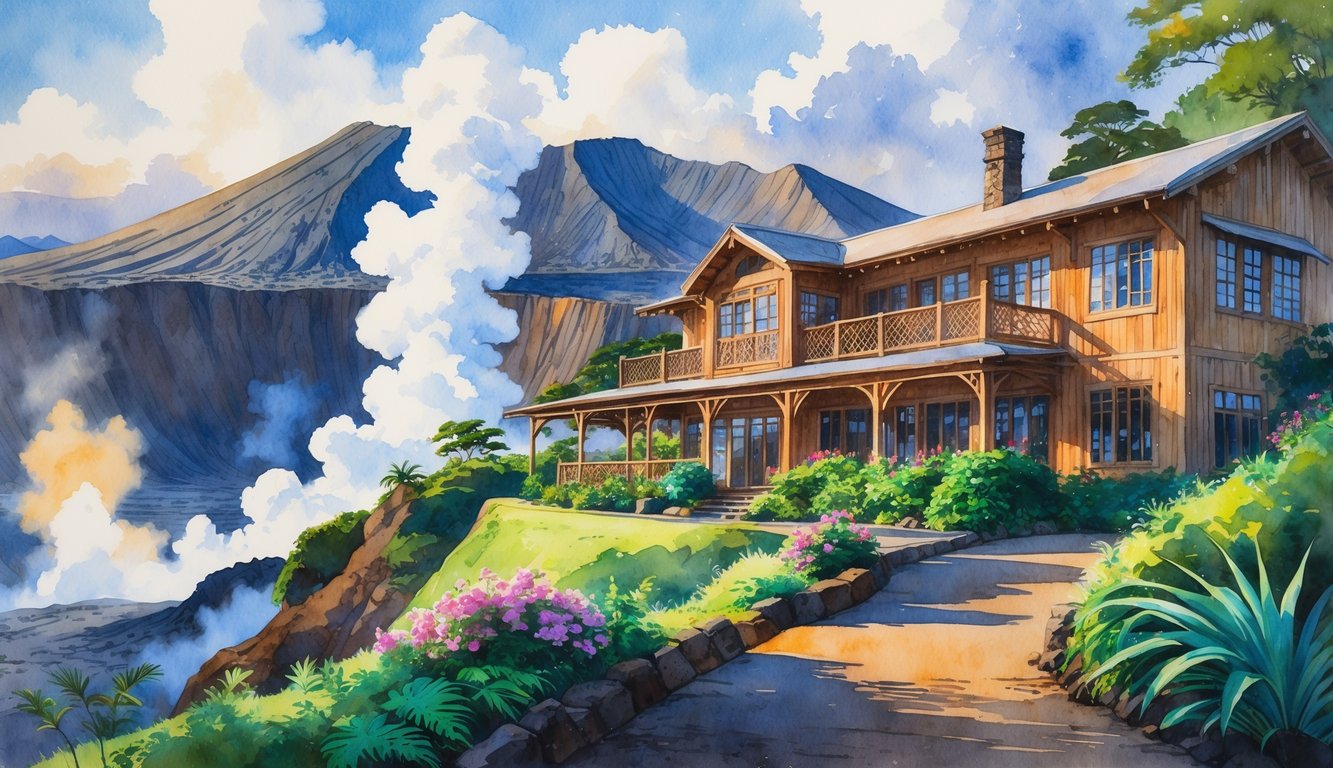 A wooden building on the edge of a volcanic crater surrounded by tropical plants and distant mountains under a partly cloudy sky.