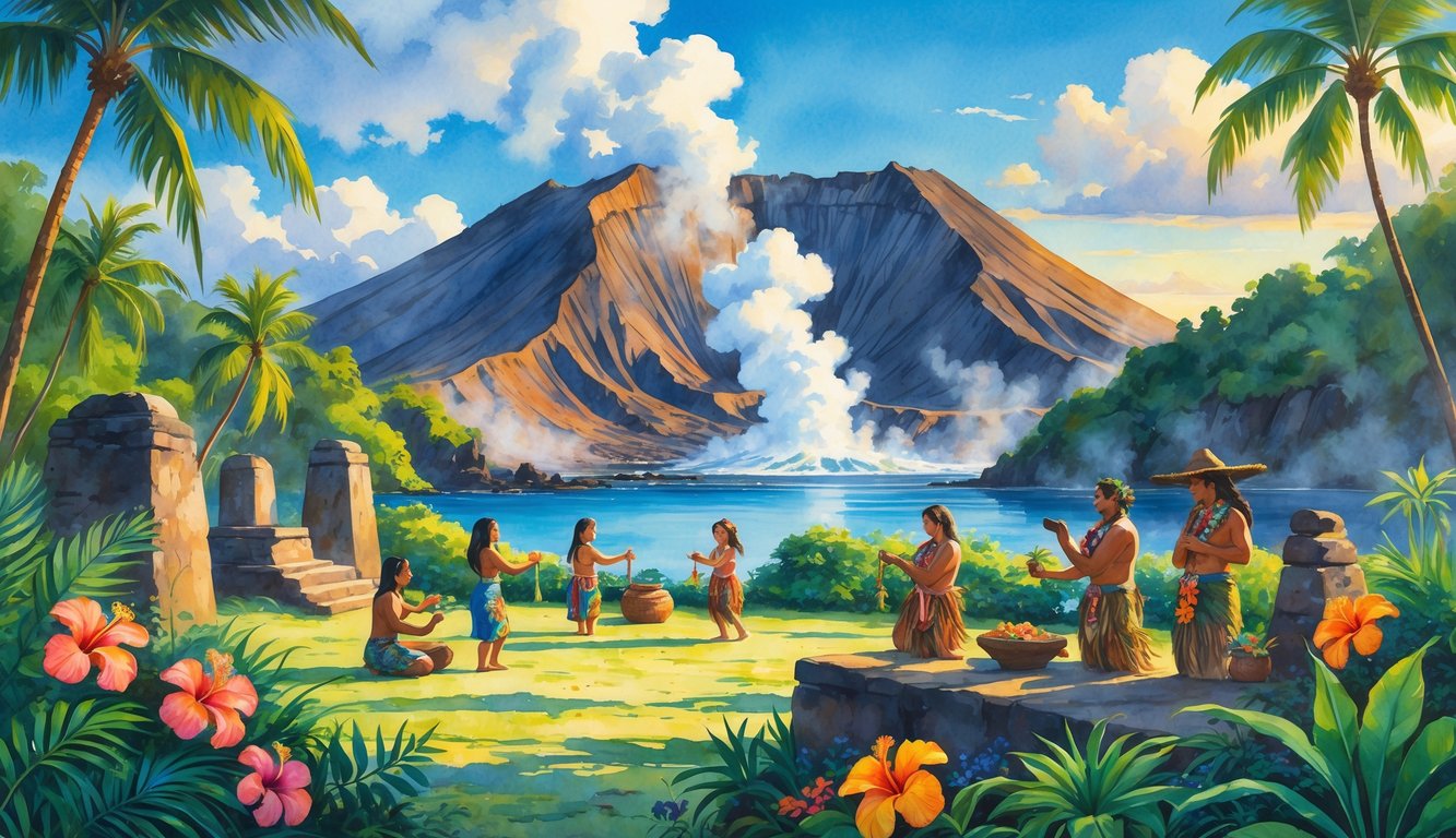 A volcanic crater surrounded by tropical plants with people engaging in traditional Hawaiian activities near ancient stone structures, with the ocean and distant islands in the background.