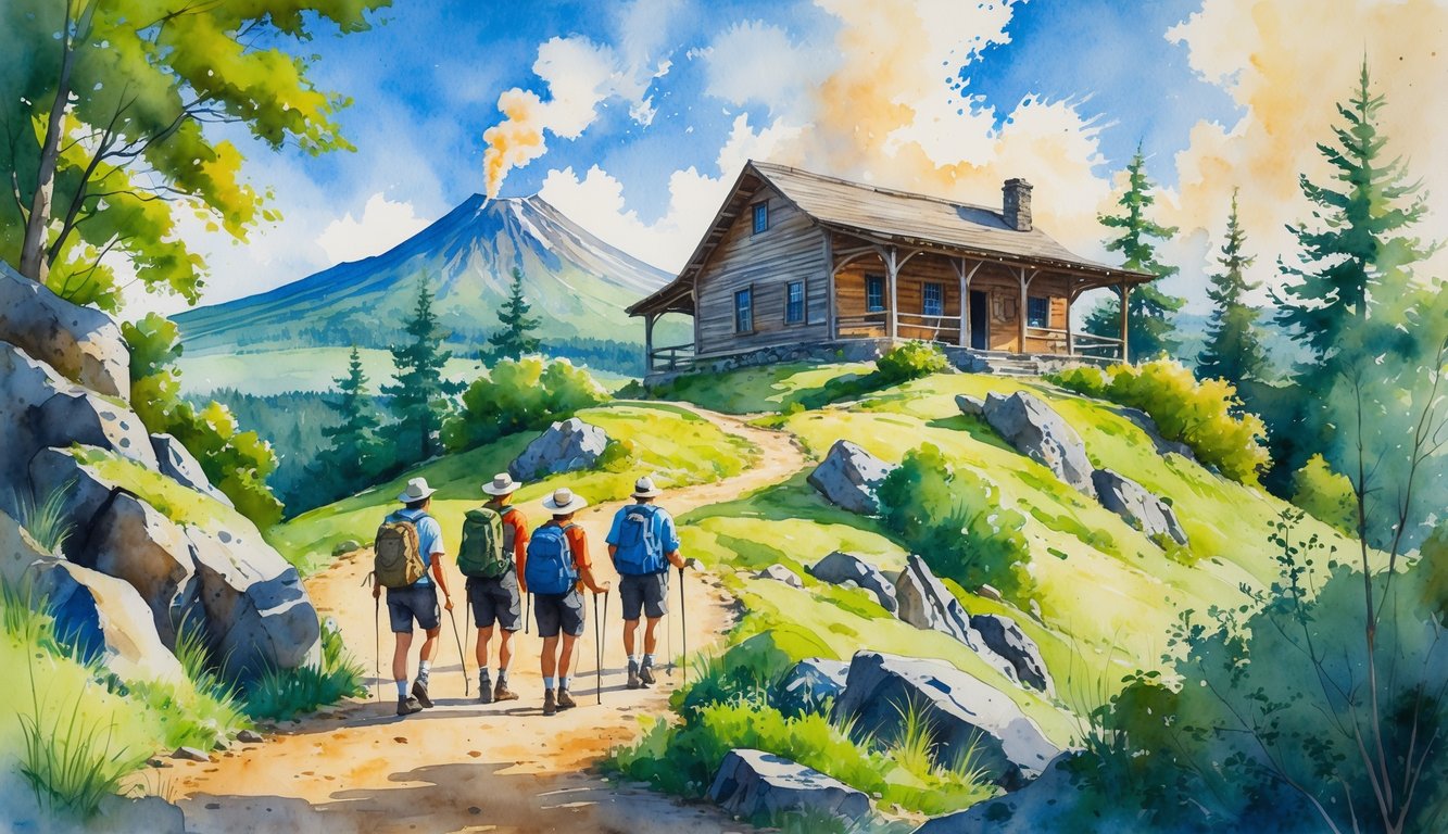 Hikers approaching a rustic wooden building on a hillside with a smoking volcano in the background surrounded by trees and a clear sky.