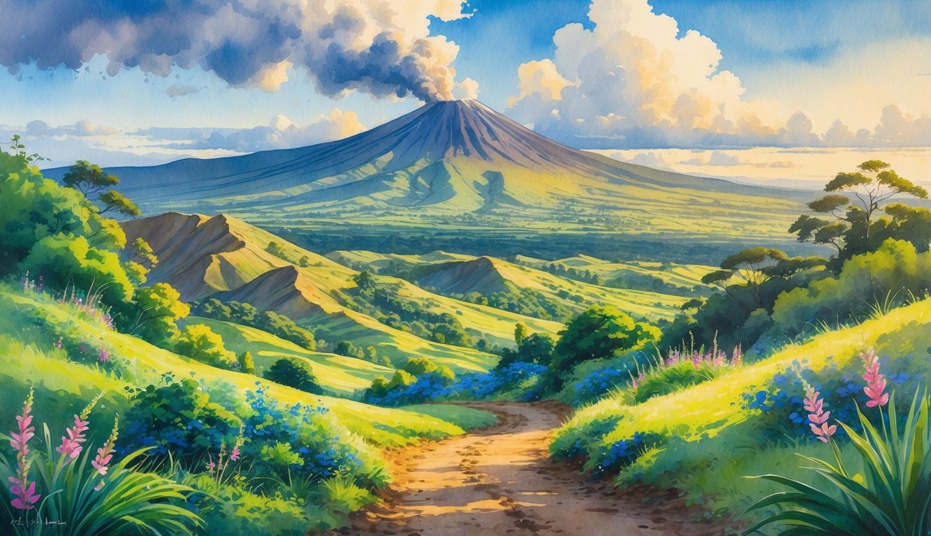 A tropical landscape with green plants, colorful flowers, a volcano emitting smoke in the background, and a winding trail under a partly cloudy sky.