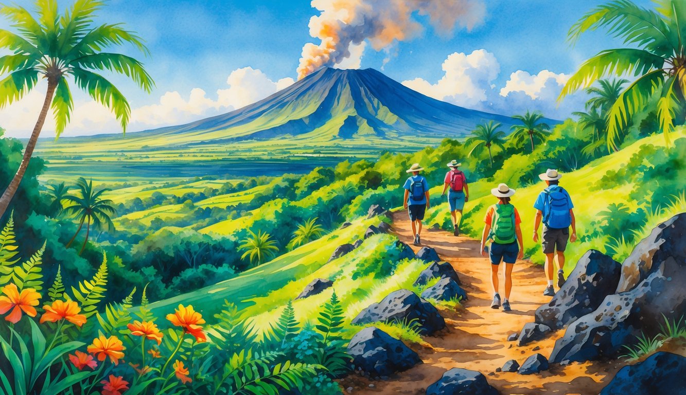 A trail winding through tropical plants with hikers walking toward a smoking volcano under a blue sky.