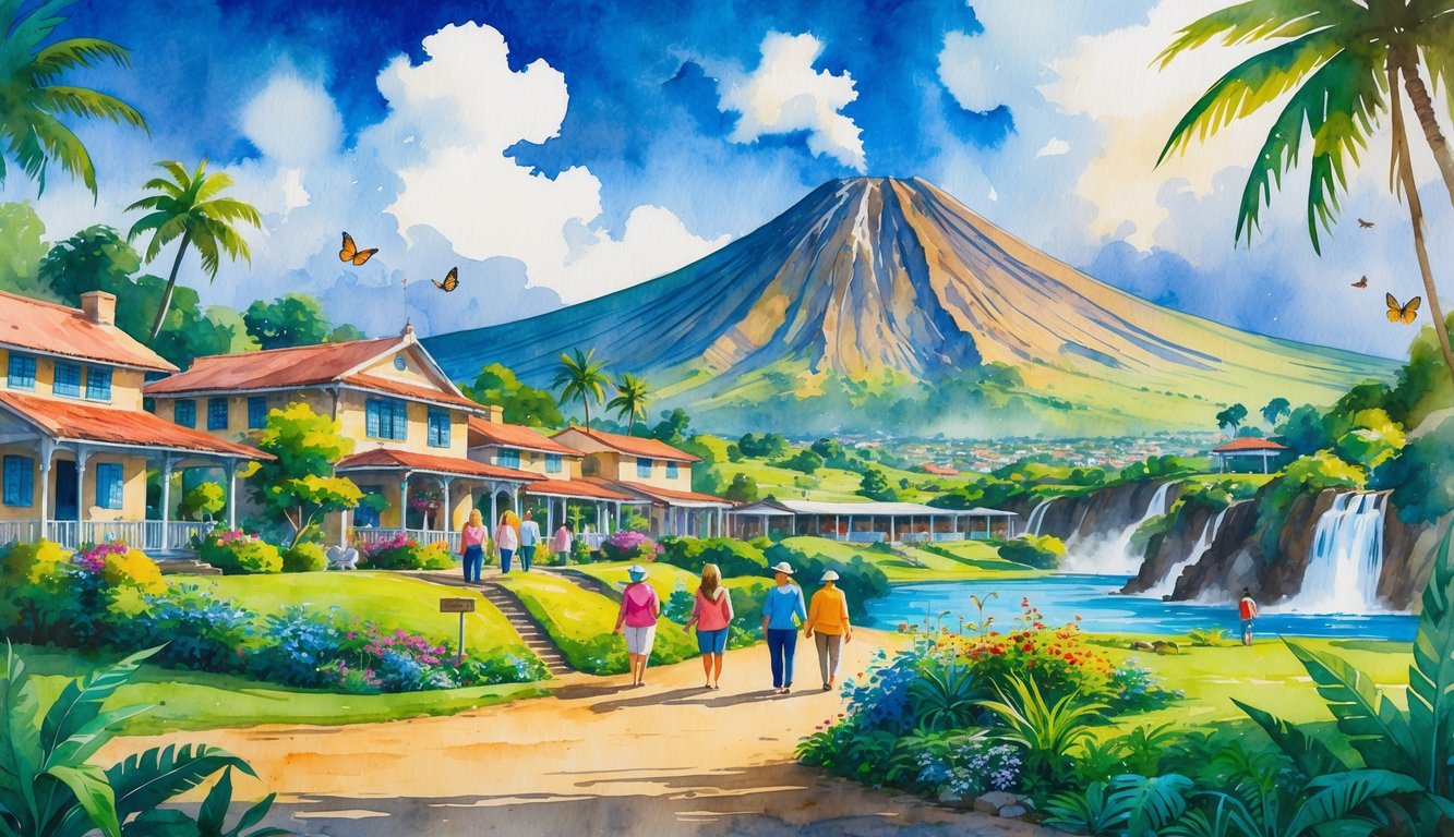 A volcano community with traditional houses, visitors walking near a historic building, and a large volcano with smoke rising in the background surrounded by greenery and natural attractions.