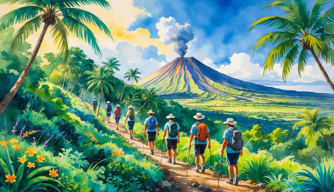 Hikers walking on a trail through tropical greenery toward a smoking volcano under a bright blue sky.