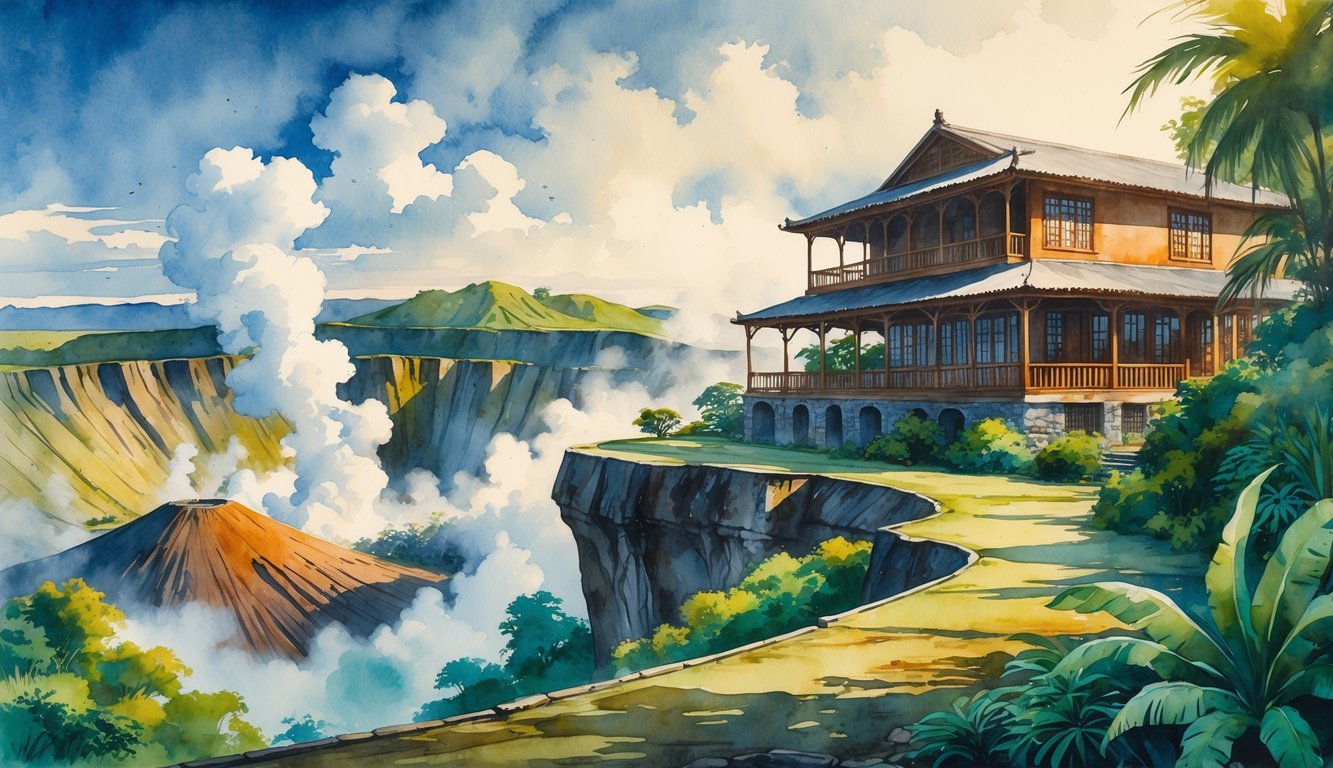 A historic building overlooking a volcanic crater surrounded by tropical plants and rocky terrain with steam rising from the crater.