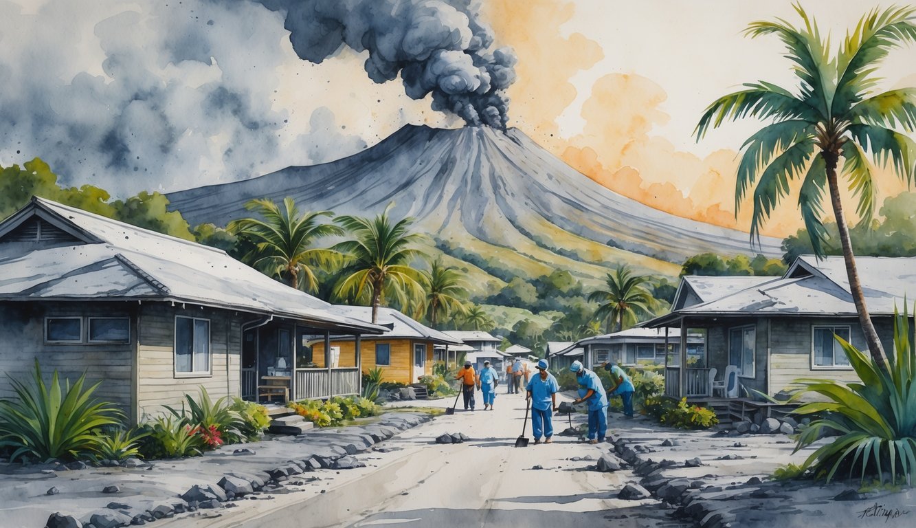 A Hawaiian village covered in volcanic ash with a volcano erupting in the background and people cleaning ash from their homes and streets.