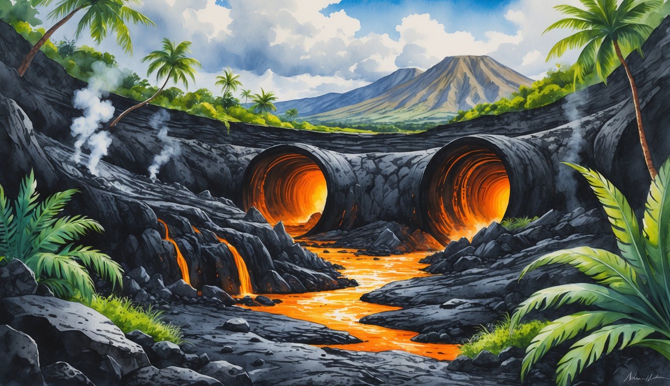 Cross-sectional view of a volcanic landscape showing an underground lava tube with flowing lava, surrounded by tropical plants and distant volcanic mountains.