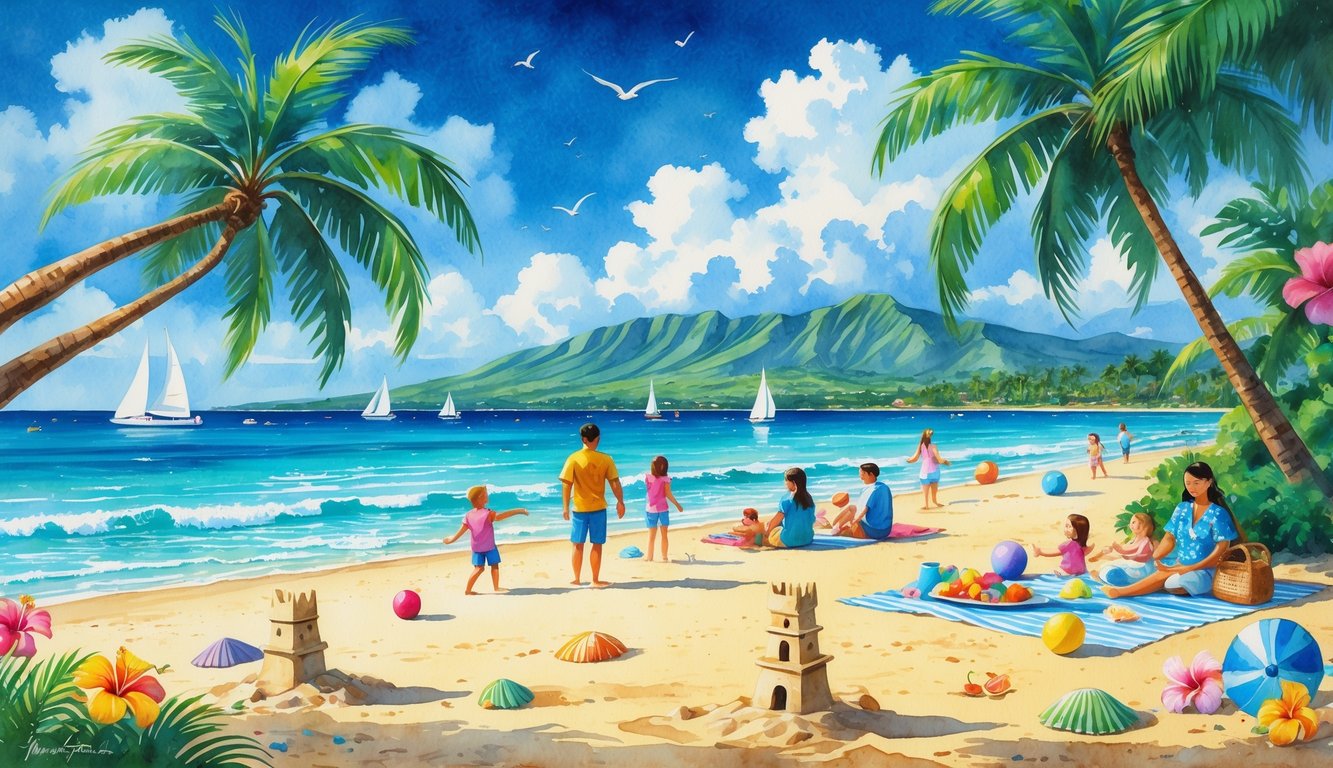 A sunny Hawaiian beach with families playing on the sand, palm trees, gentle waves, mountains in the background, and colorful flowers nearby.