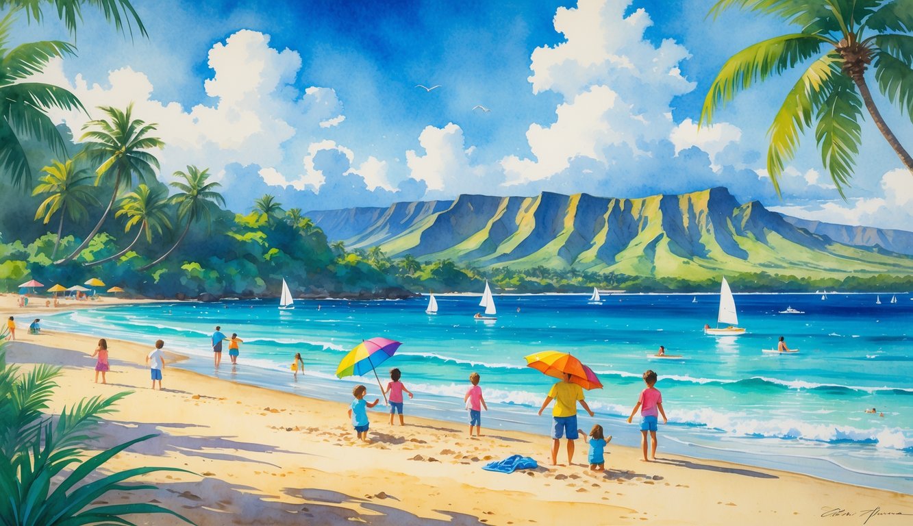 A family enjoying a sunny beach with children playing in the sand, calm ocean waves, palm trees, and distant mountains.