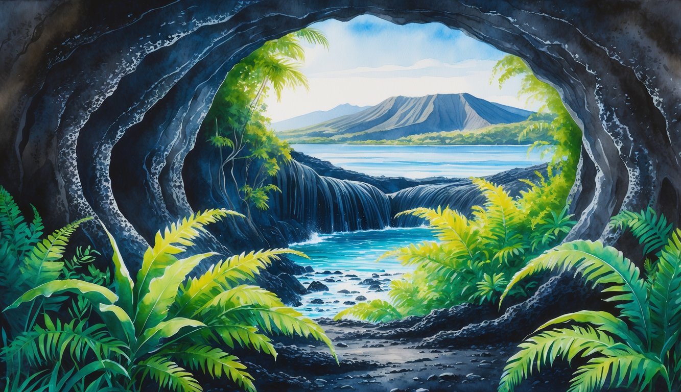 A natural lava tube surrounded by tropical plants with volcanic mountains in the background.