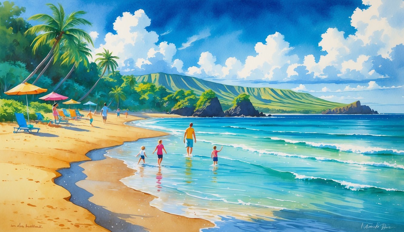 A peaceful beach with families and children playing near calm turquoise water, surrounded by palm trees and tropical greenery under a blue sky.