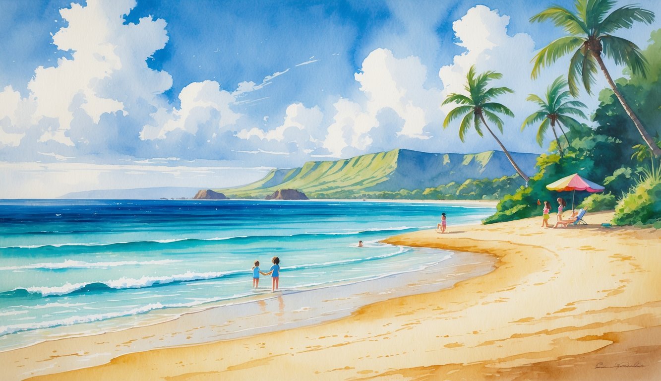 A peaceful Hawaiian beach with golden sand, calm turquoise water, palm trees, and families enjoying the shoreline with children building sandcastles and parents nearby.