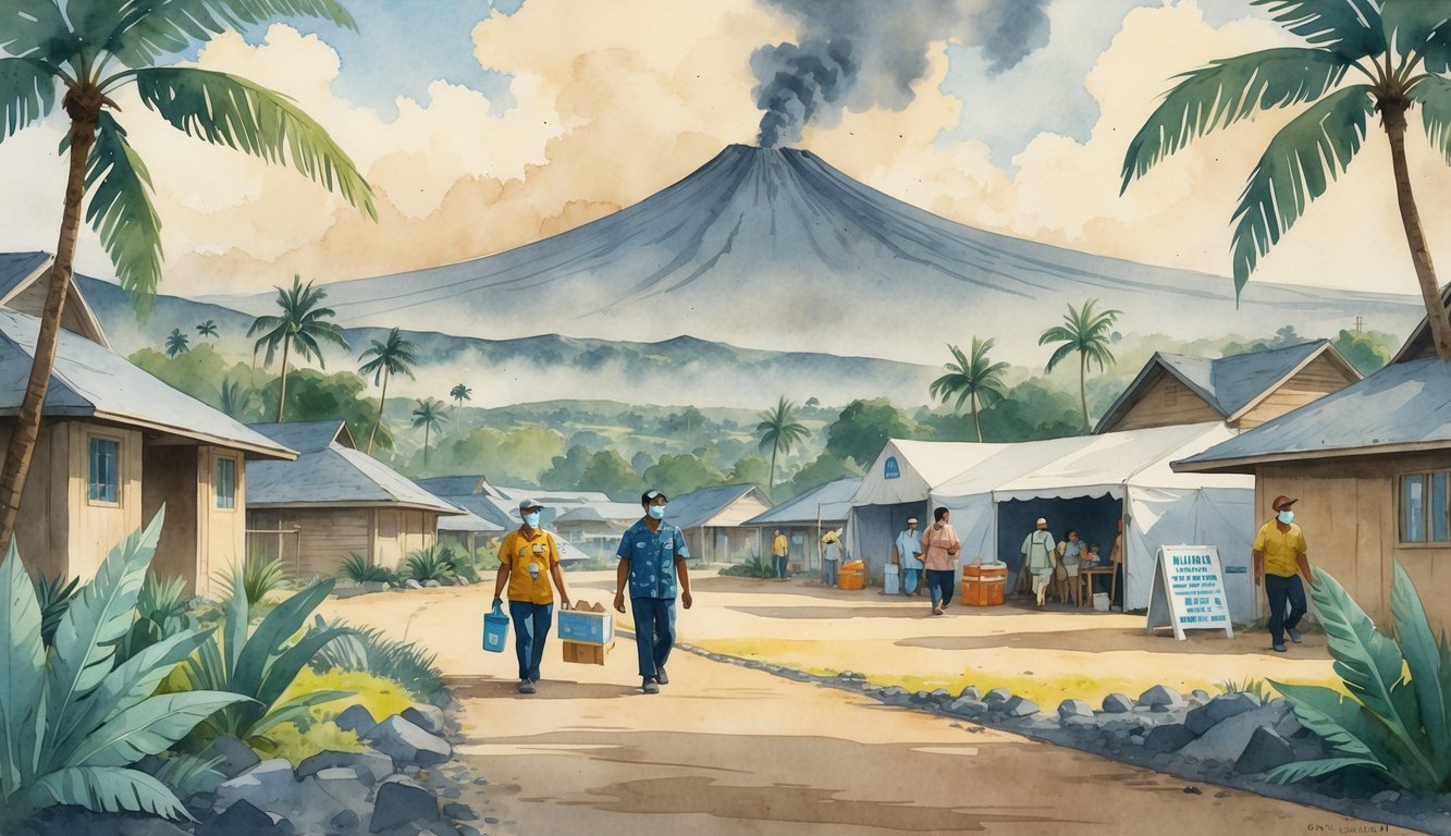 A Hawaiian village with people wearing masks and carrying supplies, near an evacuation center, with a volcano emitting ash in the background and ash-covered homes and plants around.