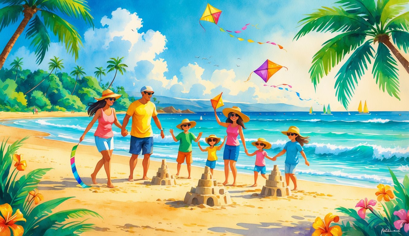 A family playing on a sandy beach with palm trees and ocean waves in the background.