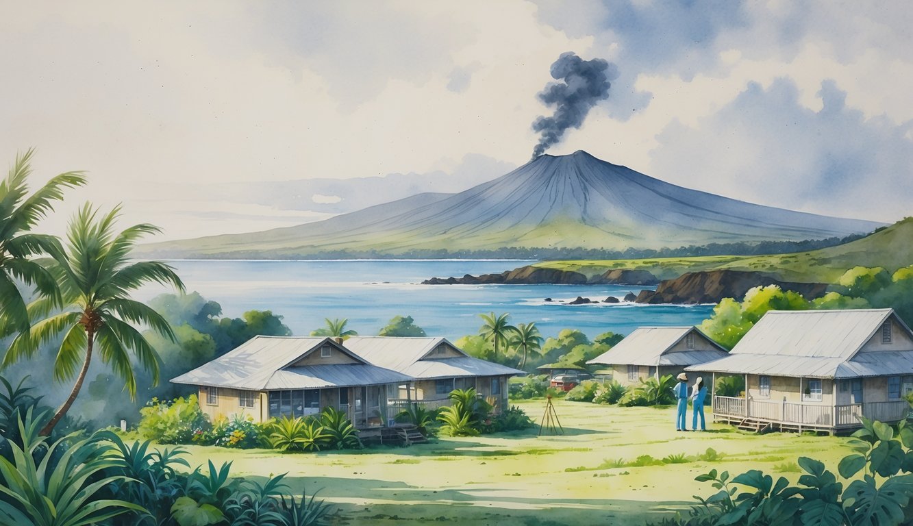 A Hawaiian coastal village with tropical plants and homes, people observing volcanic ash in the air near a volcano in the background.