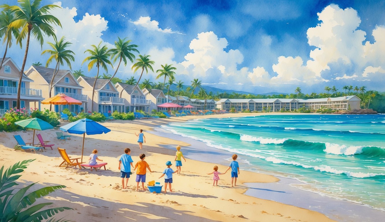 A family-friendly beachfront resort with children playing on the sandy beach, palm trees, calm ocean waves, and clear sky.