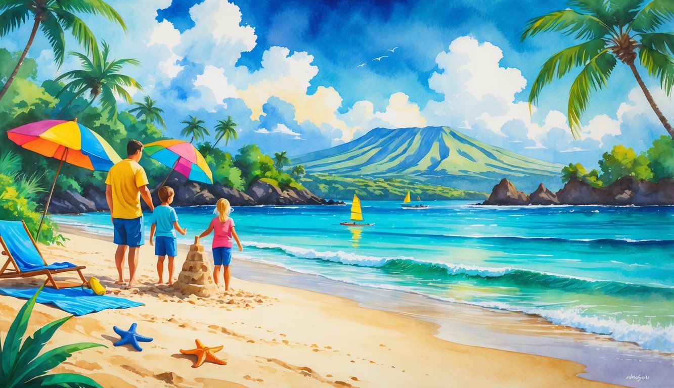 A family of four playing on a sandy Hawaiian beach with palm trees, calm ocean waves, and distant mountains in the background.