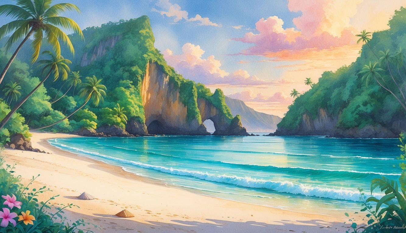 A secluded Hawaiian beach with white sand, turquoise water, palm trees, volcanic cliffs, and a colorful sunset sky.