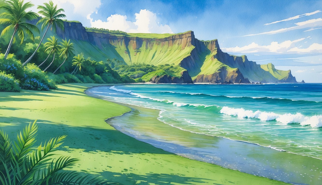 A green sand beach in Hawaii with blue ocean waves, tropical palm trees, and volcanic cliffs under a sunny sky.