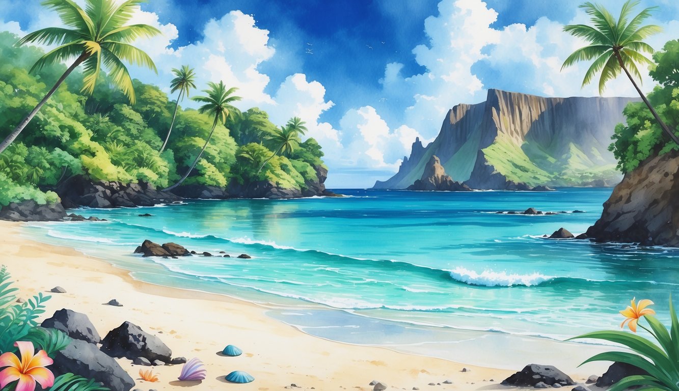 A quiet Hawaiian beach with clear turquoise water, white sand, palm trees, volcanic cliffs, and tropical flowers.