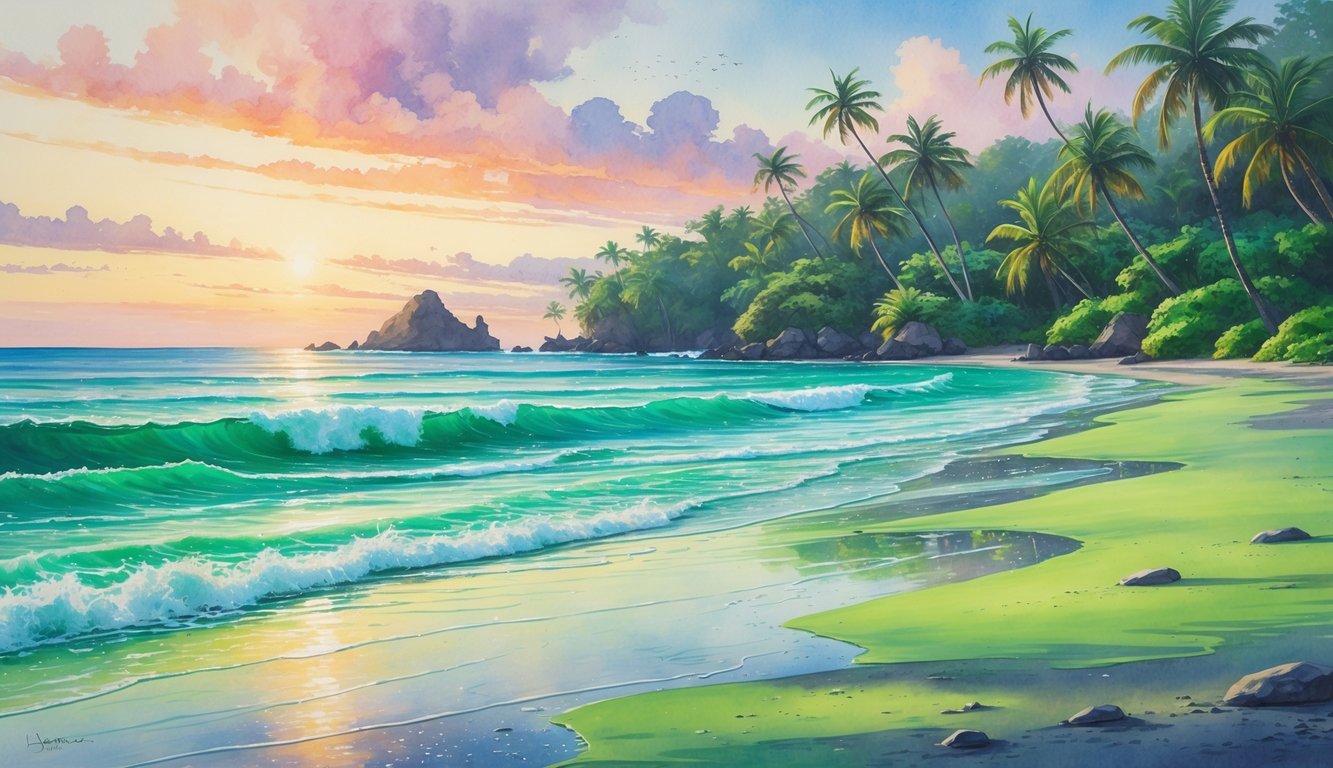 A peaceful beach with green sand, clear blue ocean water, palm trees, and distant volcanic rocks under a colorful sky.