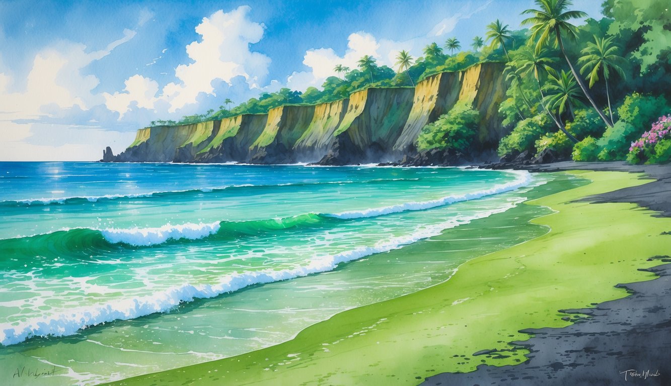 A peaceful Hawaiian beach with green sand, turquoise ocean waves, volcanic cliffs, and tropical plants under a clear blue sky.