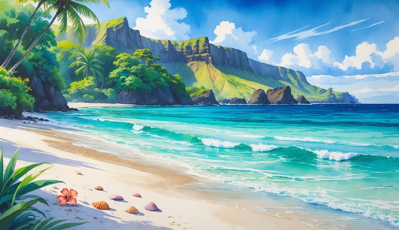 A peaceful secluded beach with clear turquoise water, white sand, palm trees, tropical flowers, and volcanic cliffs in the background.