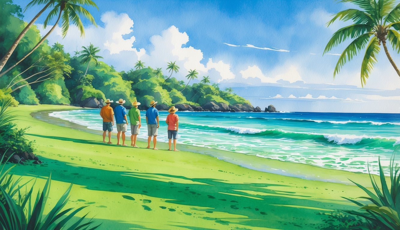 A green sand beach in Hawaii with clear turquoise water, tropical plants, and a few tourists admiring the scenery from a distance.