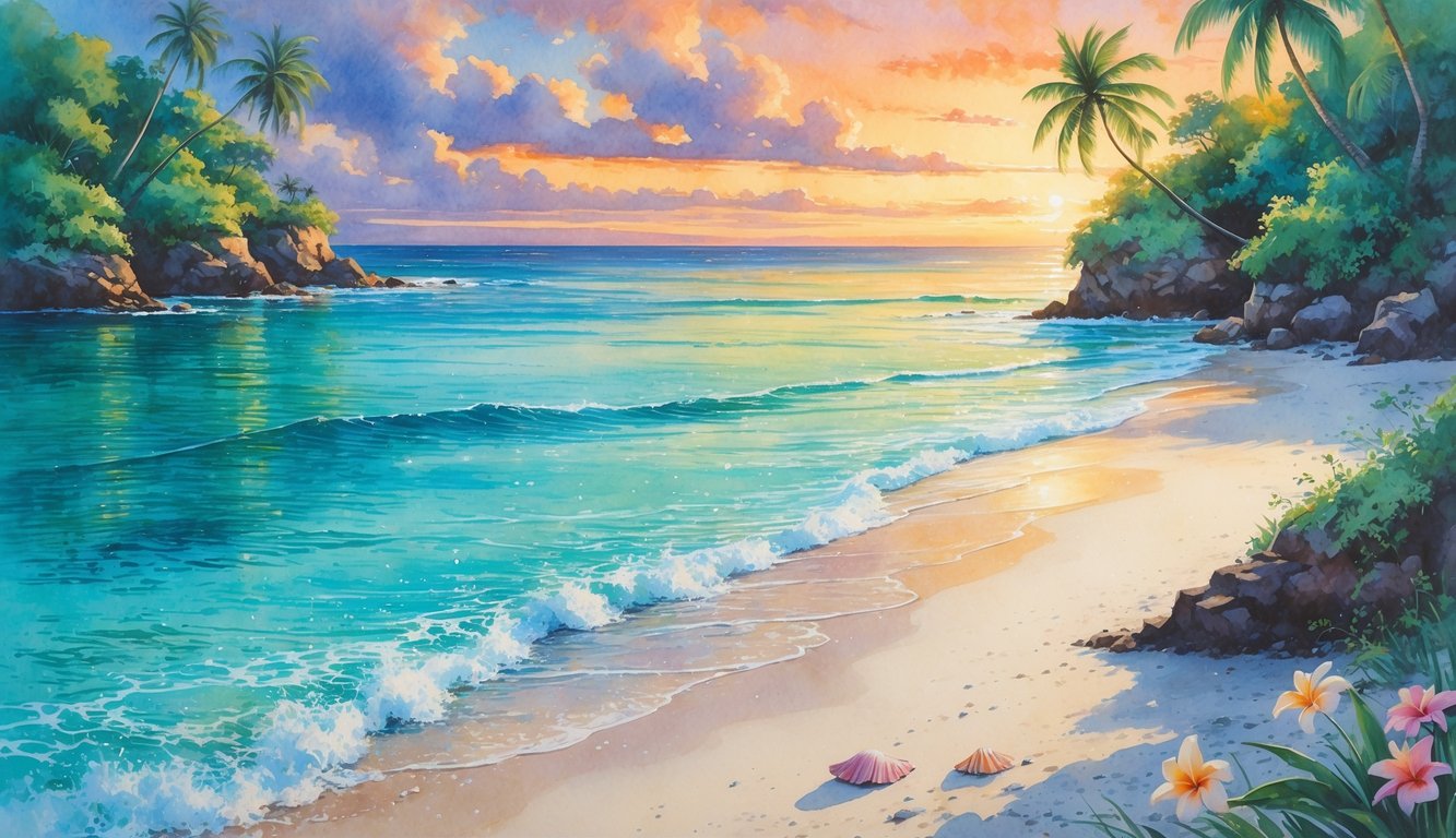 A peaceful Hawaiian beach with clear turquoise water, white sand, palm trees, and rocky coves under a colorful sunset sky.
