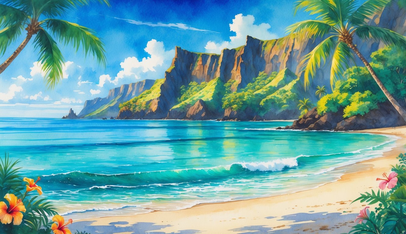 A secluded Hawaiian beach with clear turquoise water, white sand, palm trees, tropical flowers, and volcanic cliffs under a bright blue sky.