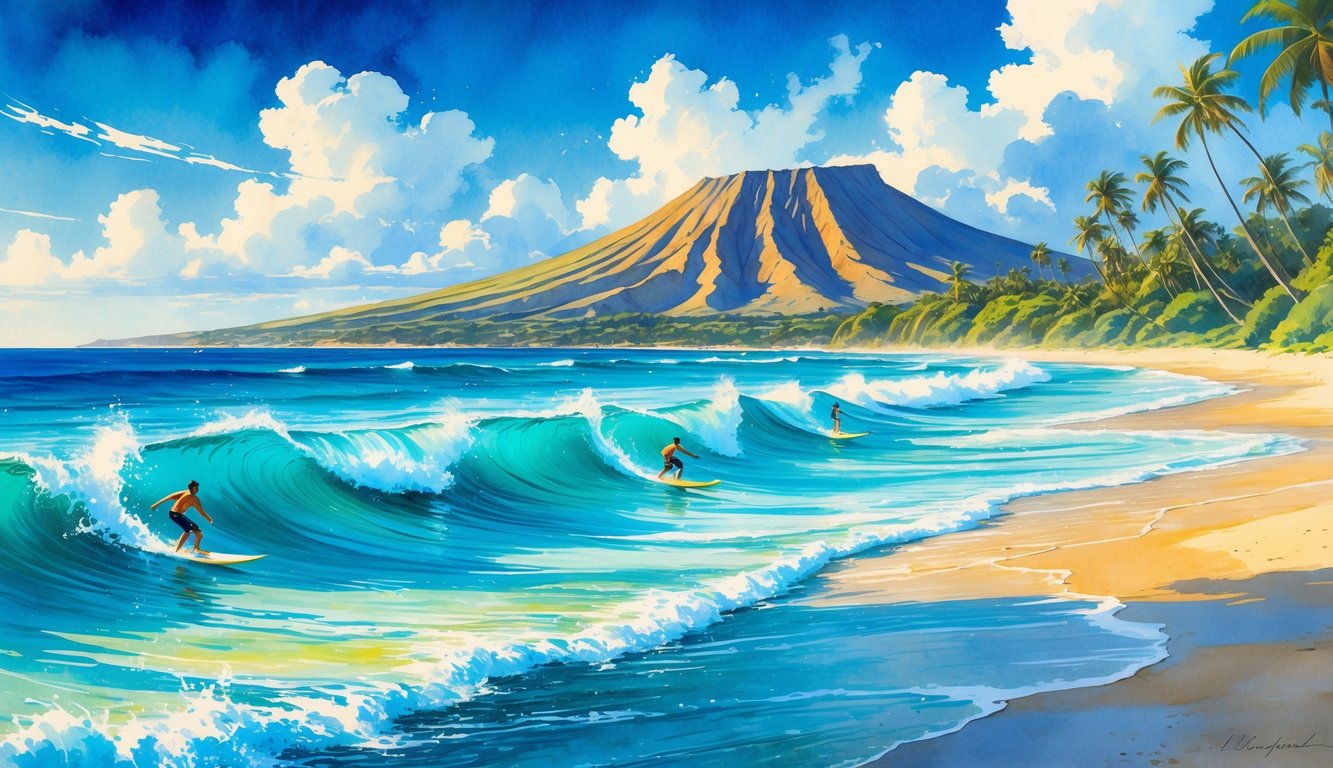 A Hawaiian beach with surfers riding waves, palm trees along the shore, and a volcanic mountain in the background under a blue sky.