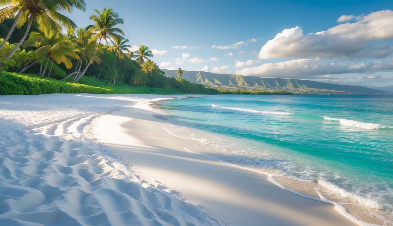 A white sand beach in Hawaii with clear turquoise water, palm trees, and distant mountains under a sunny sky.