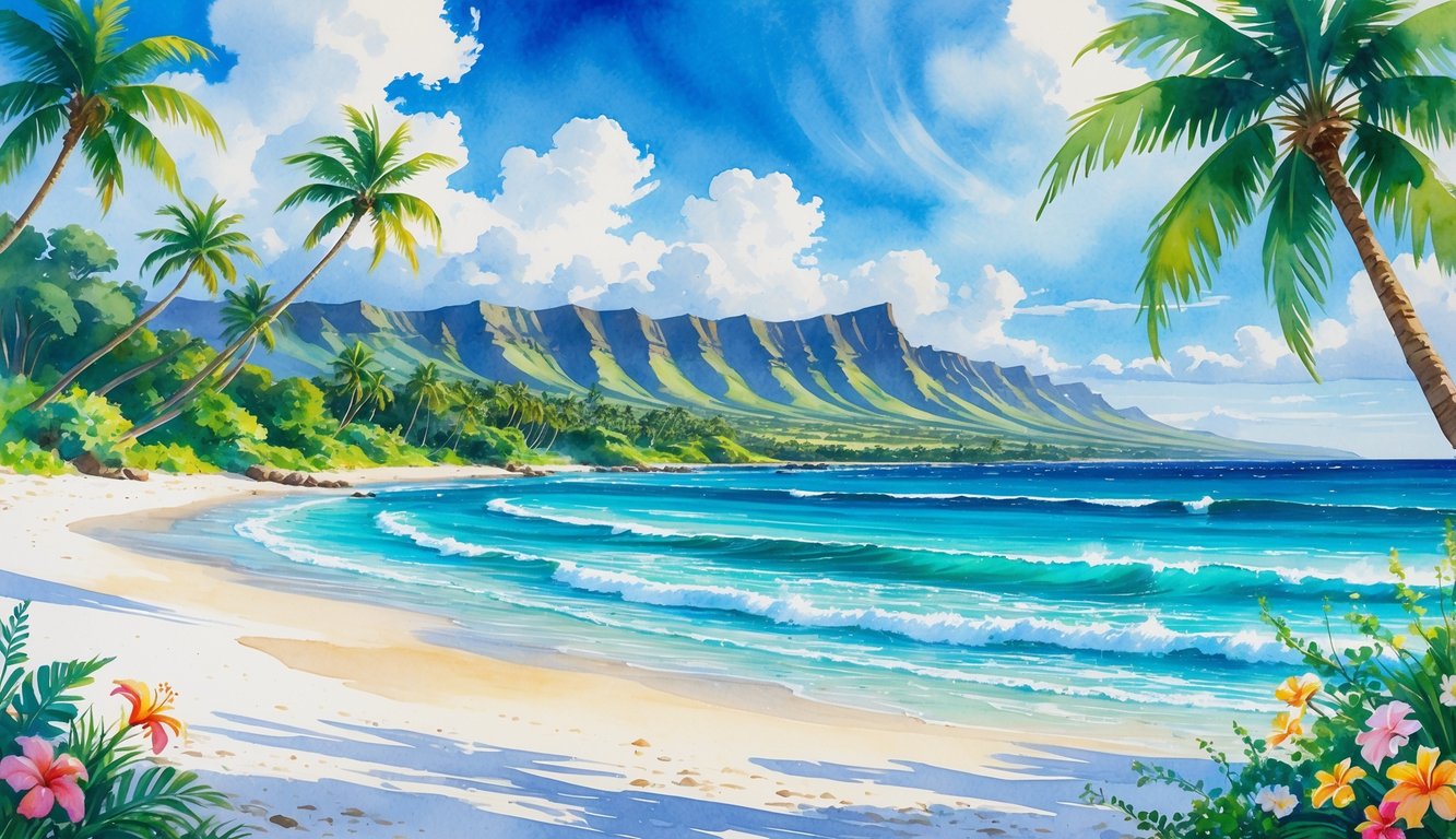 A peaceful beach scene with white sand, clear turquoise water, palm trees, tropical flowers, and distant mountains under a blue sky.