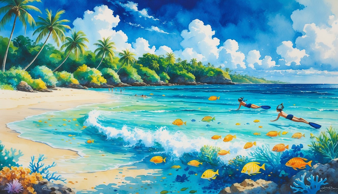 A tropical beach with clear blue water, coral reefs, colorful fish, palm trees, and snorkelers exploring underwater.