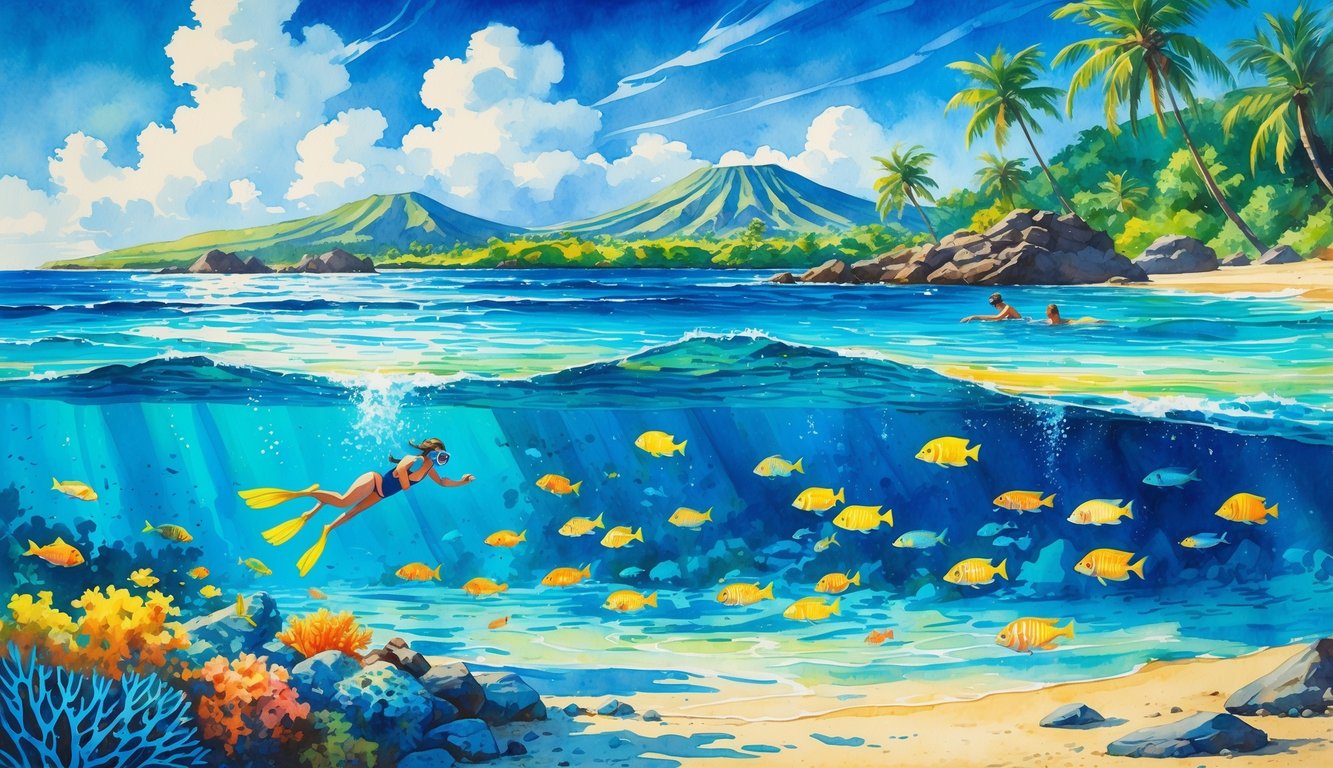 A tropical beach scene with snorkelers in clear blue water above a colorful coral reef, surrounded by palm trees and mountains.