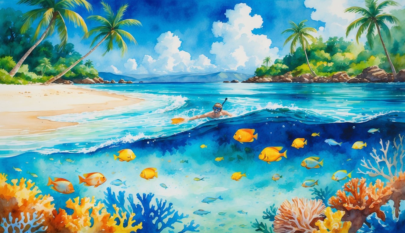 A peaceful Hawaiian beach with clear turquoise water, colorful coral reefs, tropical fish, palm trees, and a snorkeler exploring underwater.